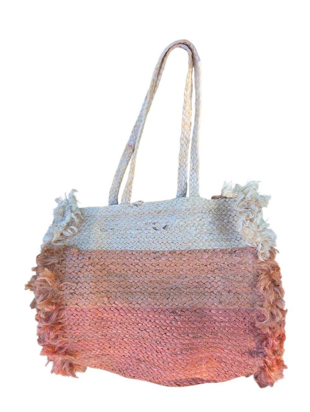 Shiraleah Lucia Tote 100% Jute. Beige, Orange & Coral Ombré Design. Fringe Sides - Picture 3 of 11